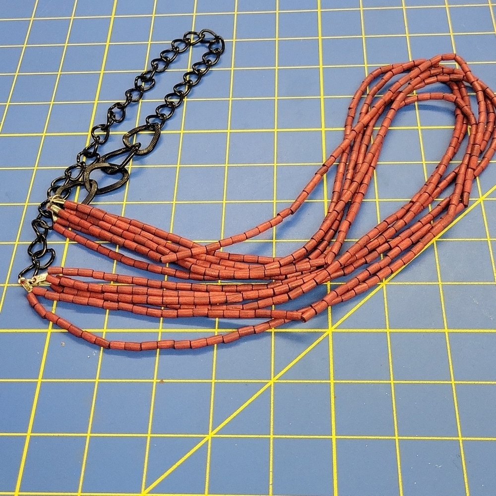 Burgundy Wood Barrel Beaded w Black Link Chain 38" Necklace
